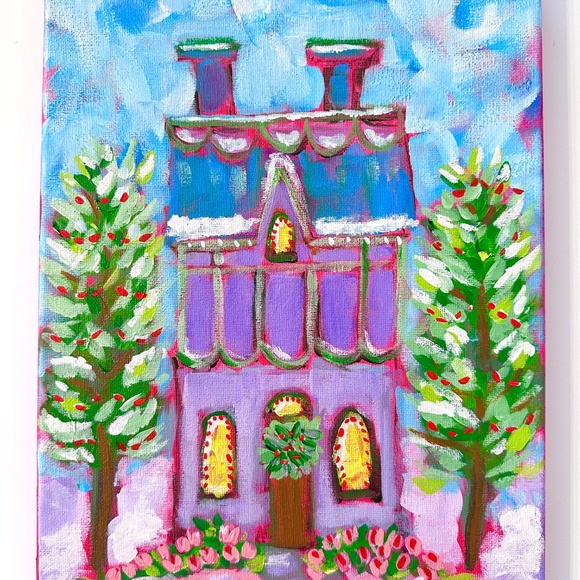 Original Holiday Painting Decorative Christmas House Whimsical Landscape 9"x12" - Picture 8 of 10